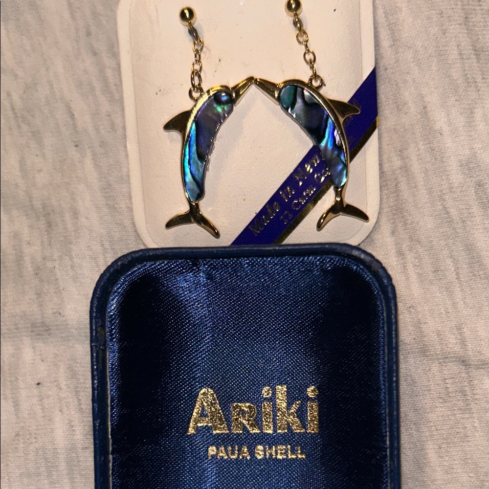 Ariki Dolphin Earrings with Paua Shell, 22k gold plated, NIB